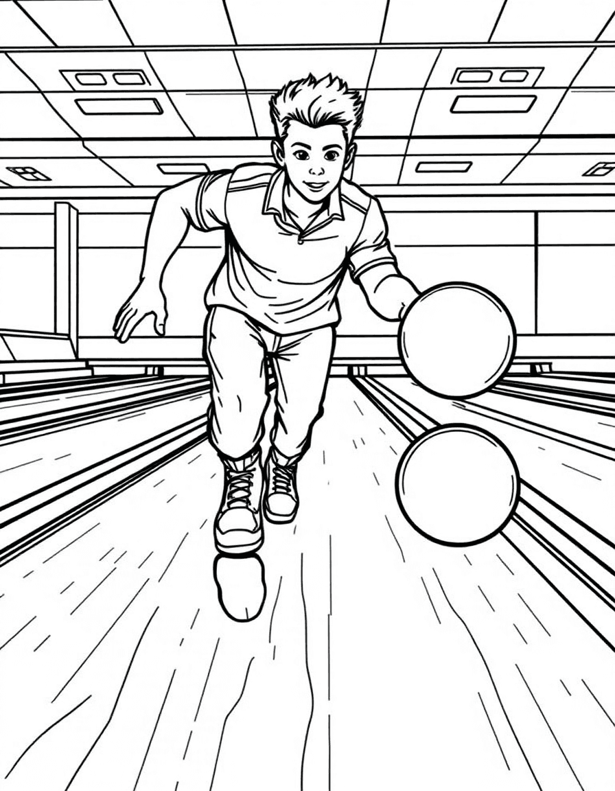 Coloriage Bowling - Joueur de bowling en chaussures de glisse lançant sa boule sur la piste en bois verni, contours nets.