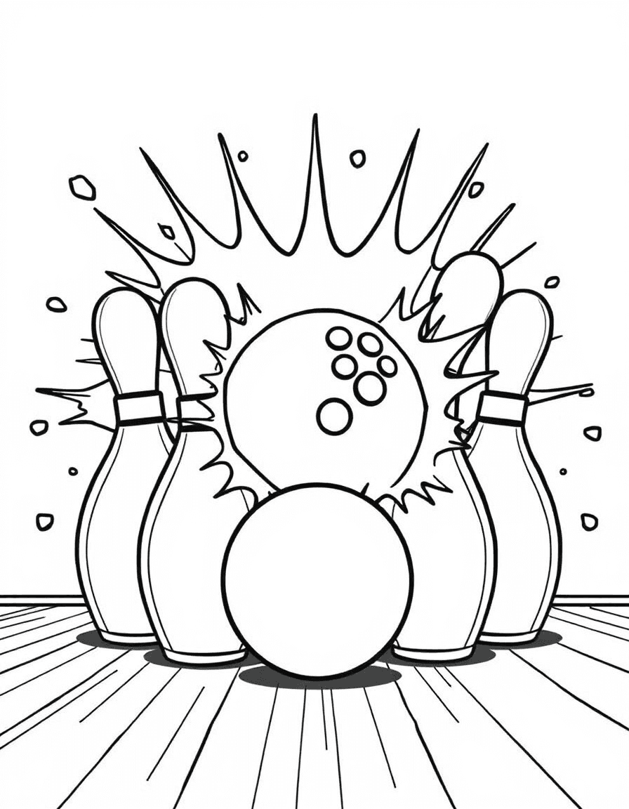 Coloriage Bowling - Boule de bowling percutant les dix quilles blanches qui volent dans un strike spectaculaire, traits nets.