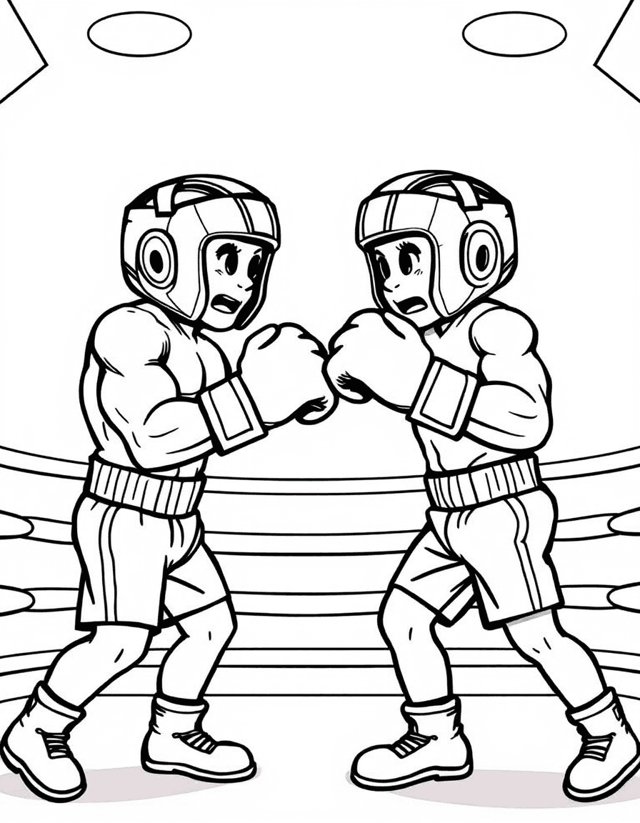 Coloriage Boxe - Deux boxeurs équipés de casques de protection s'entraînant amicalement entre les cordes du ring, traits nets.