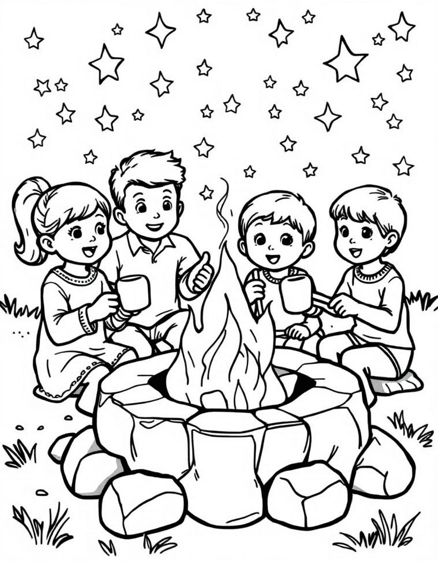 Coloriage Camping - Famille faisant griller des guimauves sur des branches au-dessus du feu de camp sous un ciel étoilé, traits nets.