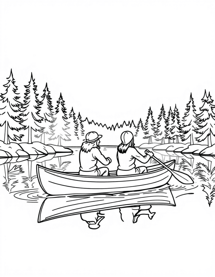 Coloriage Canoë Kayak - Deux amis pagayant à bord d'un canoë en bois sur un lac calme bordé de sapins, contours nets.