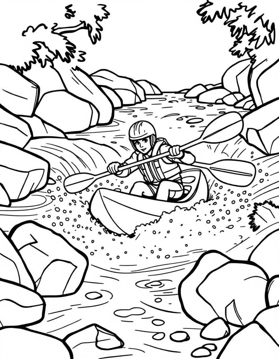Coloriage Canoë Kayak - Kayakiste intrépide en casque et gilet de sauvetage affrontant les rapides écumants d'une rivière, traits nets.