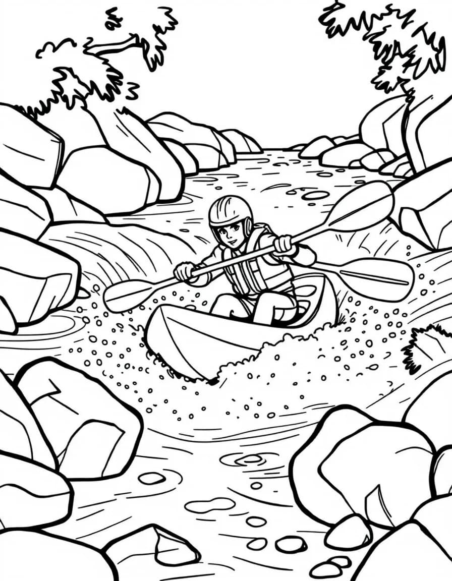 Coloriage Canoë Kayak - Kayakiste intrépide en casque et gilet de sauvetage affrontant les rapides écumants d'une rivière, traits nets.