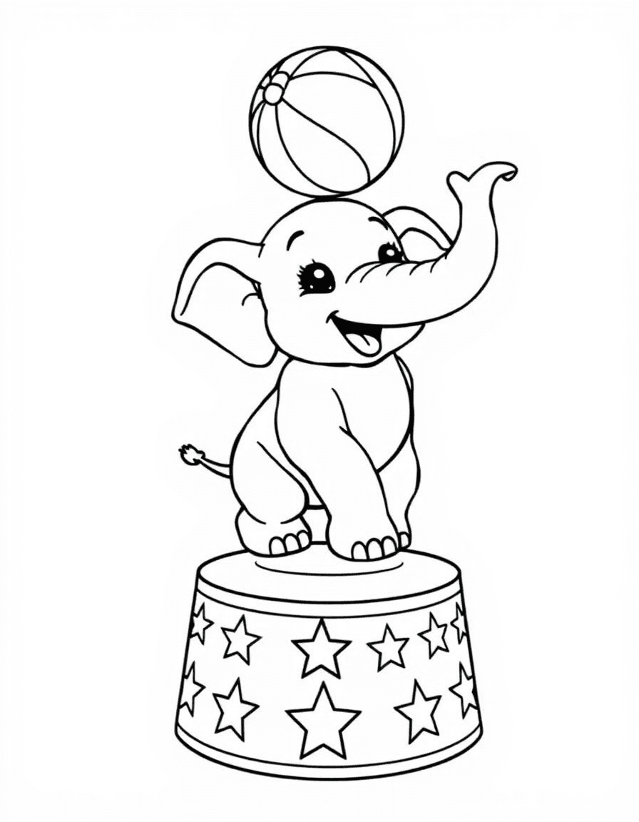 Coloriage Cirque - Éléphant de cirque souriant sur un piédestal étoilé équilibrant un gros ballon sur sa trompe, dessin vectoriel simple.