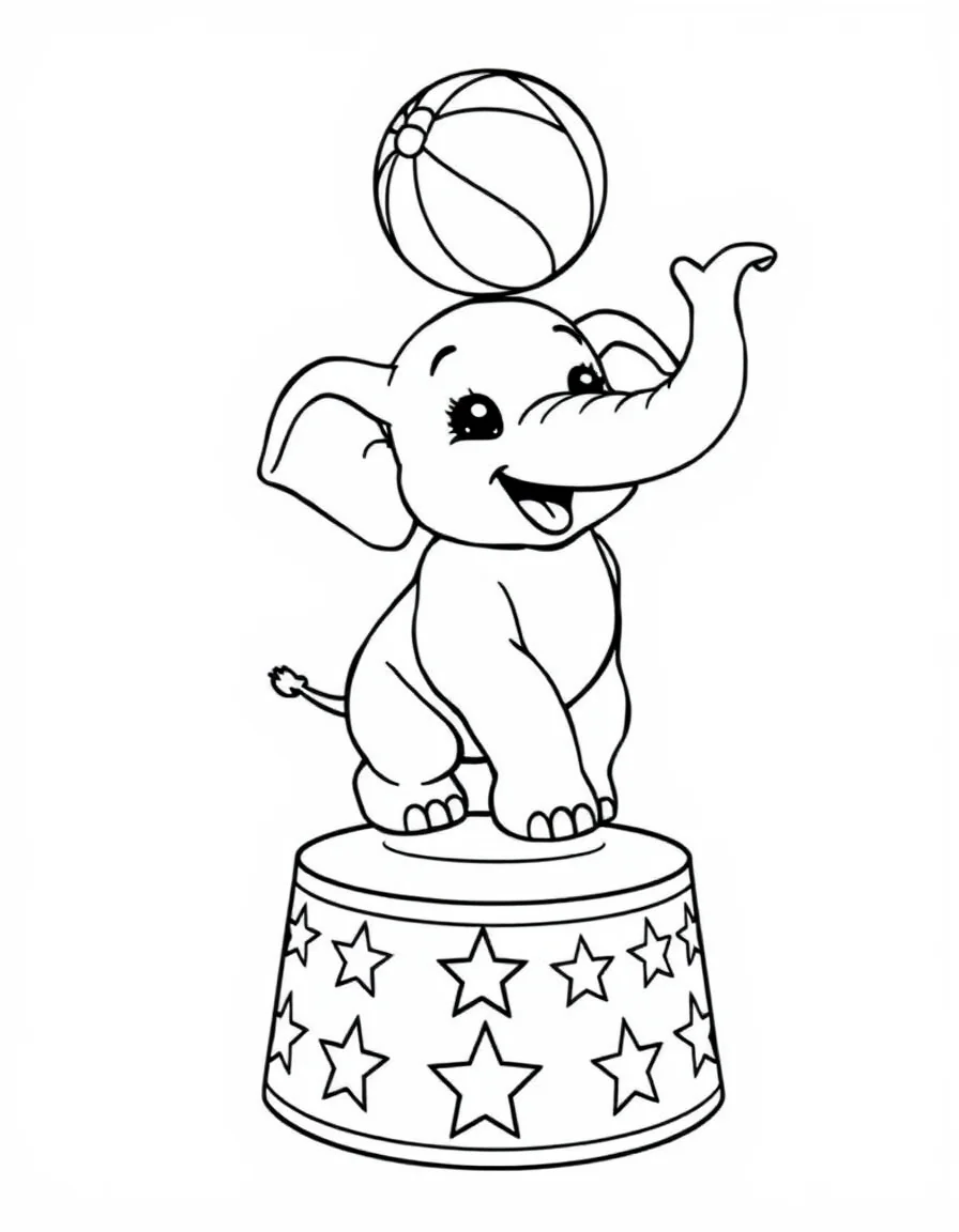 Coloriage Cirque - Éléphant de cirque souriant sur un piédestal étoilé équilibrant un gros ballon sur sa trompe, dessin vectoriel simple.
