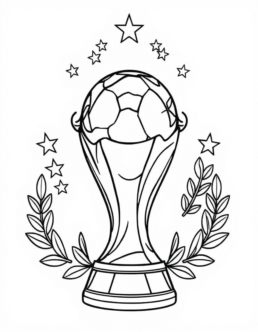 Coloriage Coupe du monde 2026 FIFA - Trophée officiel de la Coupe du Monde FIFA avec globe terrestre entouré d'étoiles et de lauriers de la victoire, contours nets.