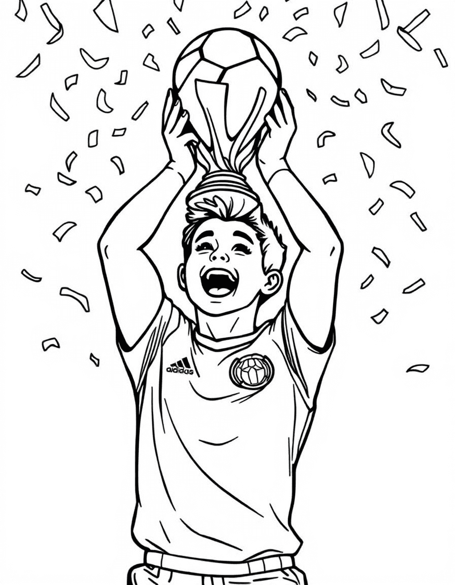 Coloriage Coupe du monde 2026 FIFA - Joueur de football comblé soulevant fièrement le trophée de la Coupe du Monde sous une pluie de confettis, dessin net.