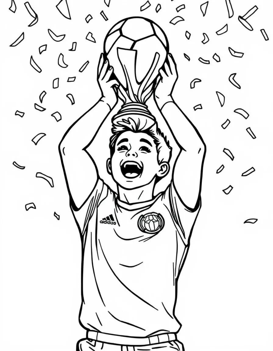 Coloriage Coupe du monde 2026 FIFA - Joueur de football comblé soulevant fièrement le trophée de la Coupe du Monde sous une pluie de confettis, dessin net.