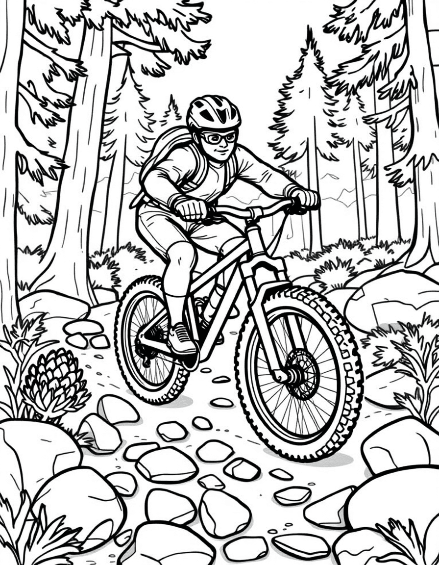 Coloriage Cyclisme - Vététiste en balade sportive sur un sentier forestier au milieu des sapins et des rochers, dessin vectoriel simple.