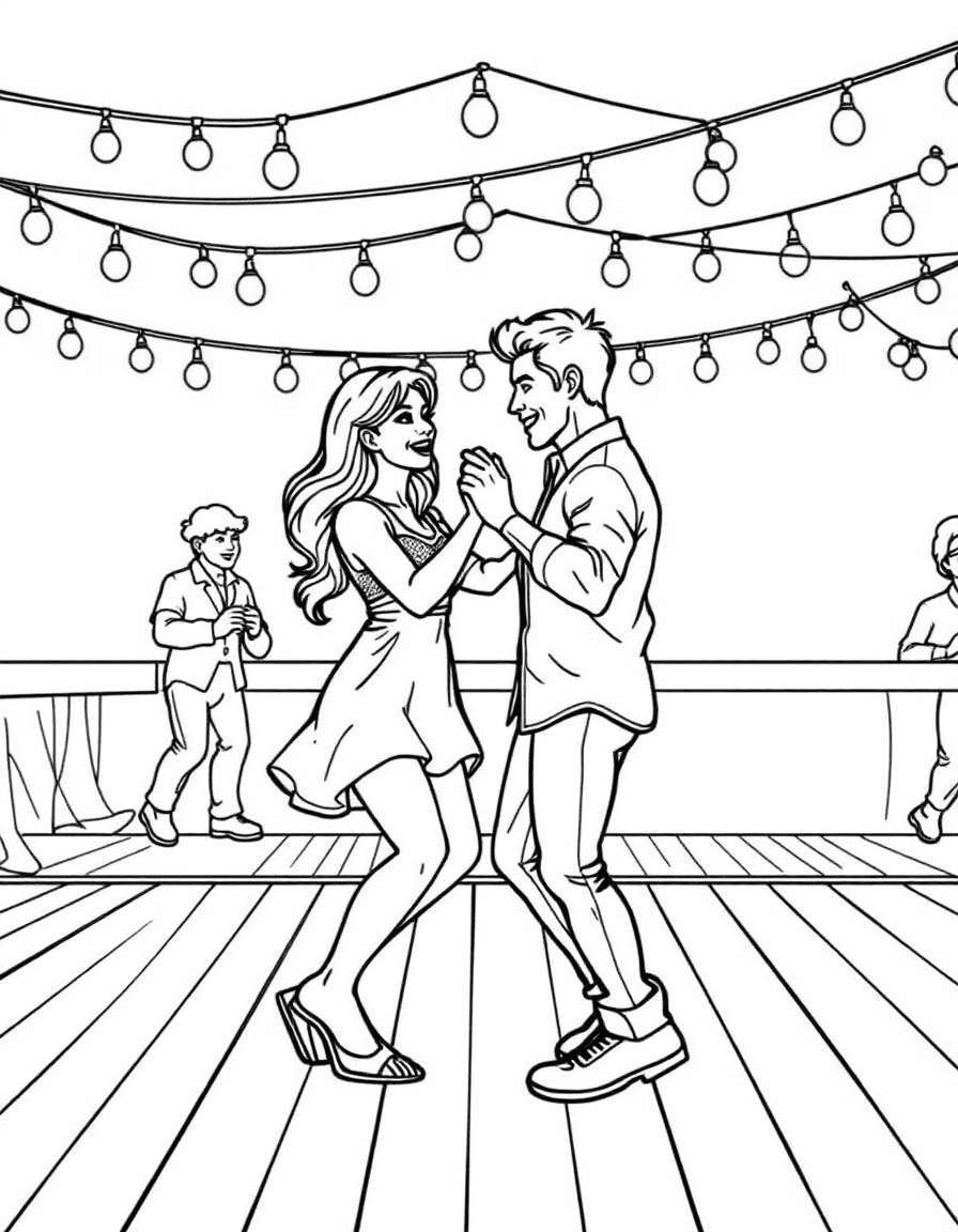 Coloriage Danse - Couple dansant une salsa rythmée sur une piste en bois sous de jolies guirlandes lumineuses, contours nets.