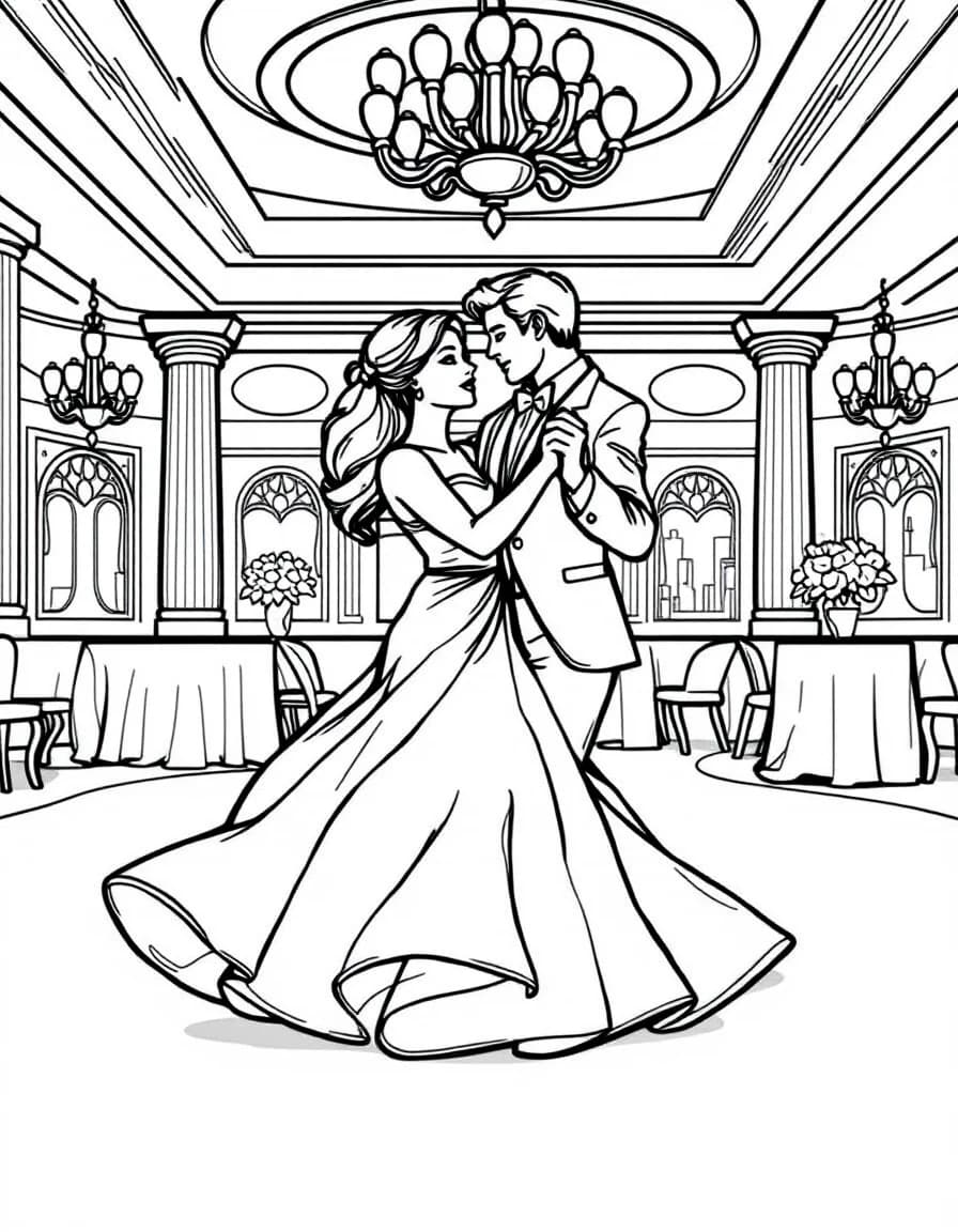 Coloriage Danse - Couple élégant tourbillonnant dans une valse viennoise en robe de bal et costume dans un grand salon, dessin clair.