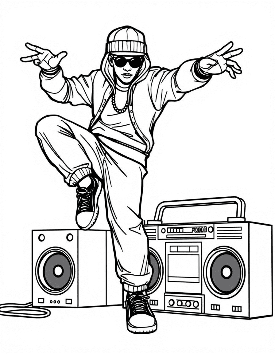 Coloriage Danse hip hop - Breakdancer b-boy en équilibre sur une main dans une pose freeze acrobatique à côté d'un poste radio vintage, contours nets.