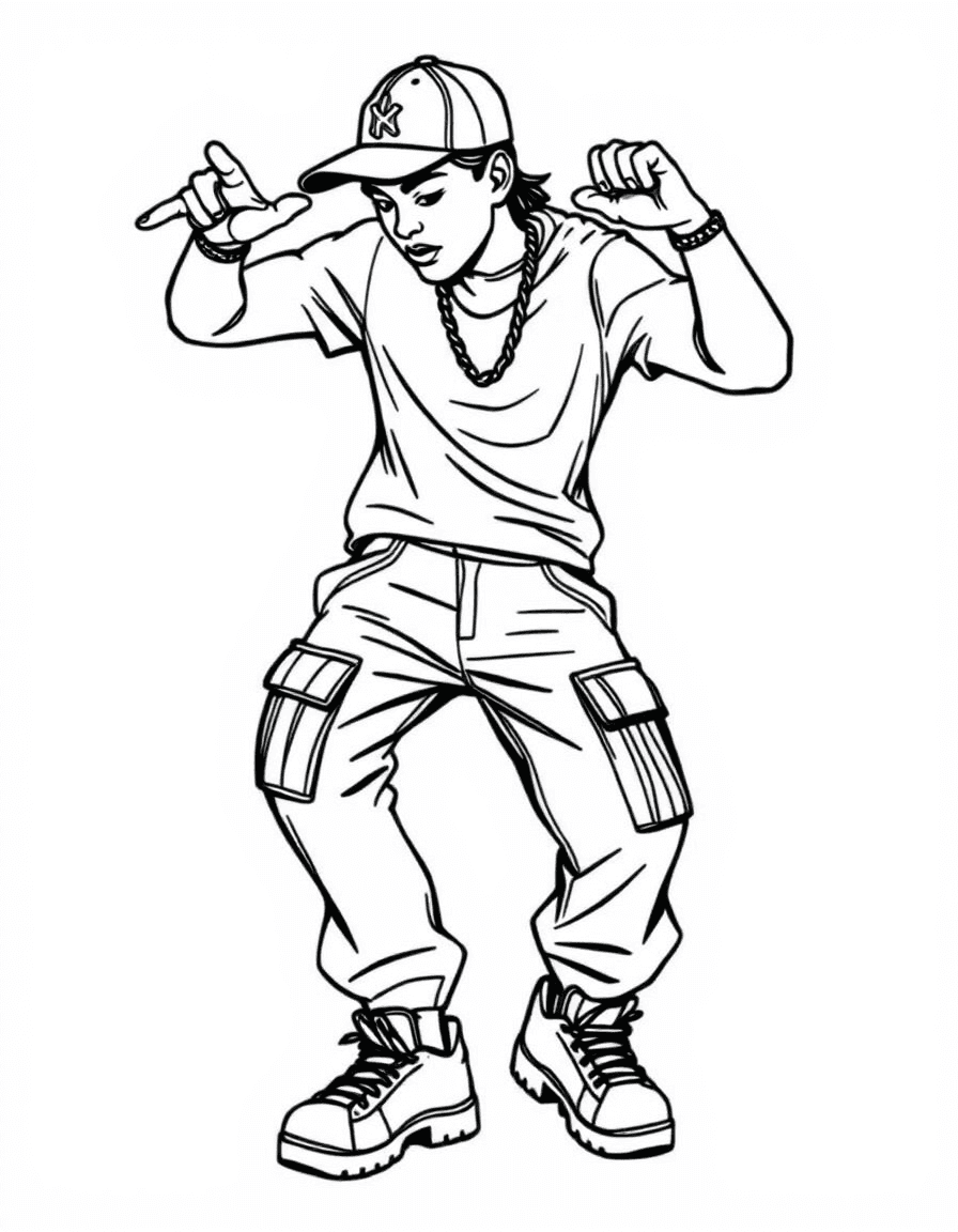 Coloriage Danse hip hop - Danseur hip hop exécutant des mouvements de pop et lock en pantalon cargo ample, casquette à l'envers et baskets, dessin net.