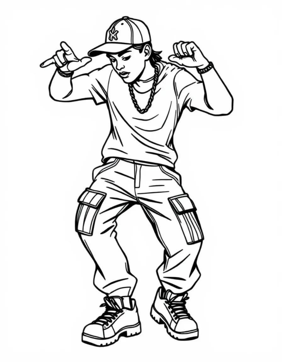 Coloriage Danse hip hop - Danseur hip hop exécutant des mouvements de pop et lock en pantalon cargo ample, casquette à l'envers et baskets, dessin net.