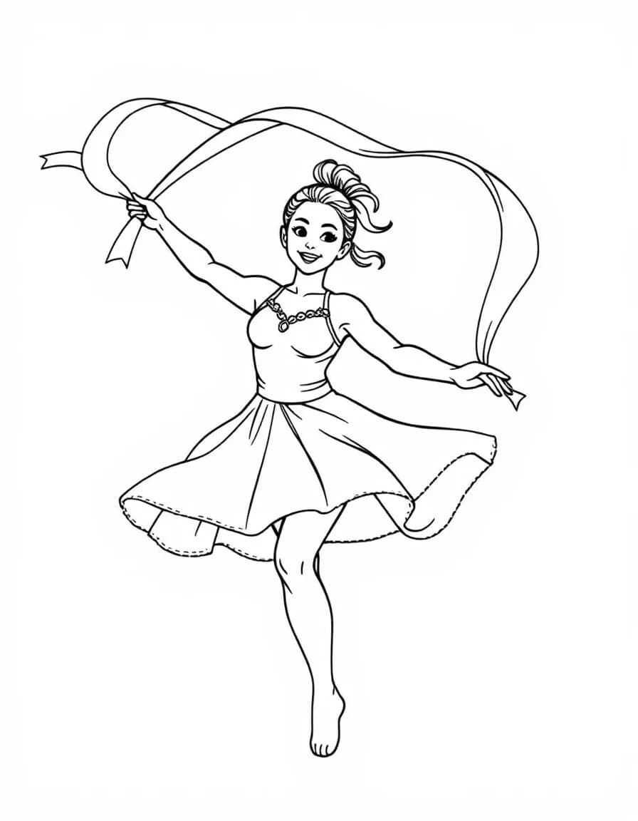Coloriage Danseuse - Danseuse souriante faisant onduler un long ruban de gymnastique en de beaux rubans spiralés dans l'air, dessin clair.