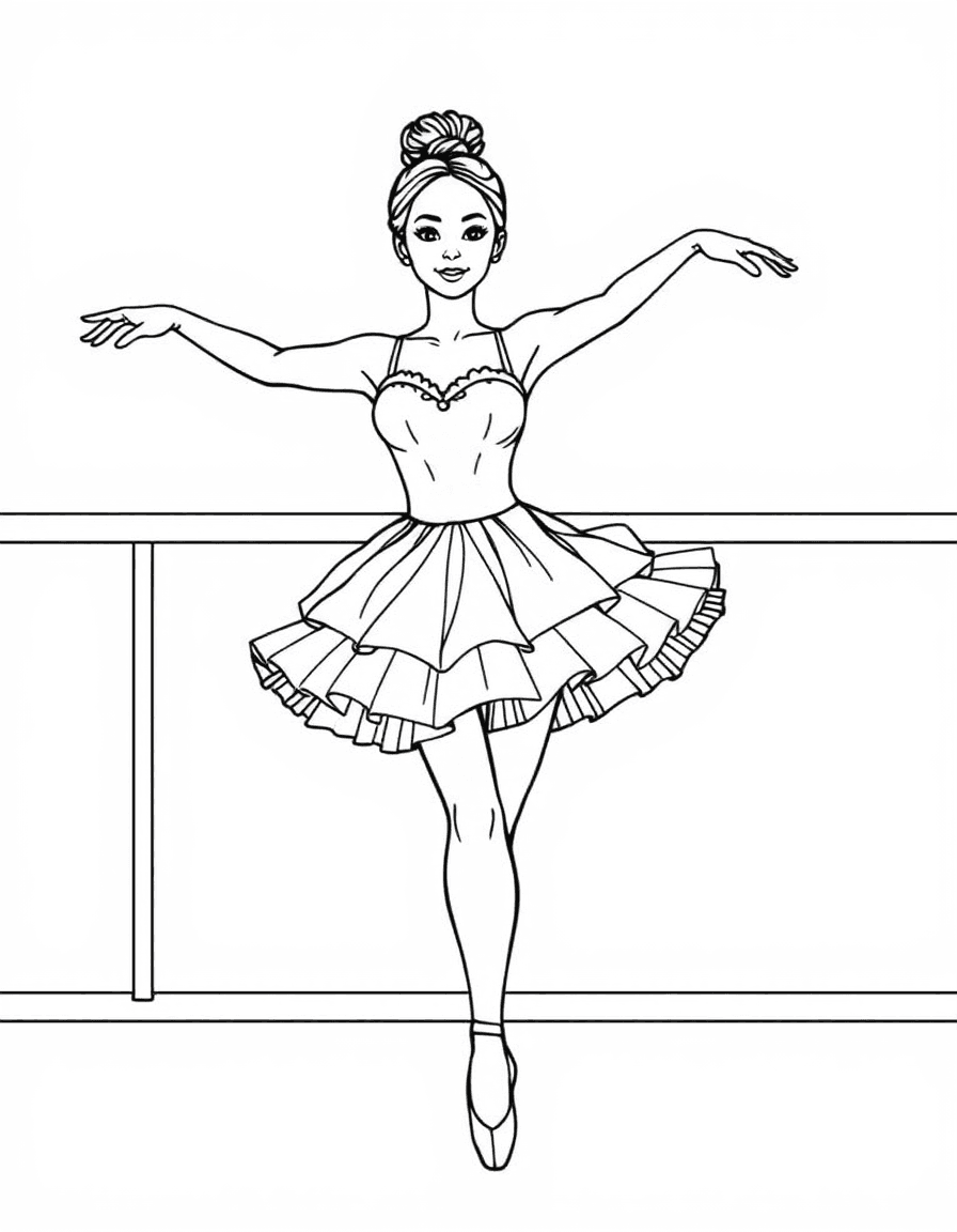 Coloriage Danseuse classique - Ballerine classique en tutu de tulle traditionnel réalisant une belle arabesque à la barre d'exercice, contours nets.
