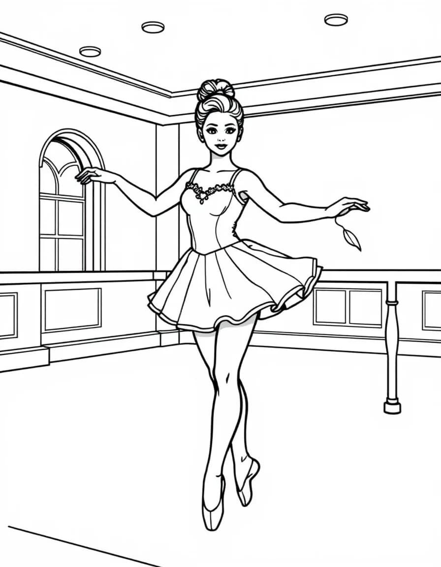 Coloriage Danseuse classique - Danseuse classique effectuant un demi-plié d'échauffement en tenant la barre en bois du studio, dessin clair.