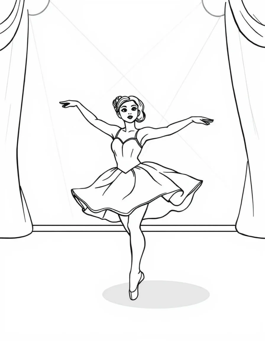 Coloriage Danseuse étoile - Danseuse étoile interprétant La Mort du Cygne avec des mouvements de bras ondulants sous le projecteur, dessin clair.