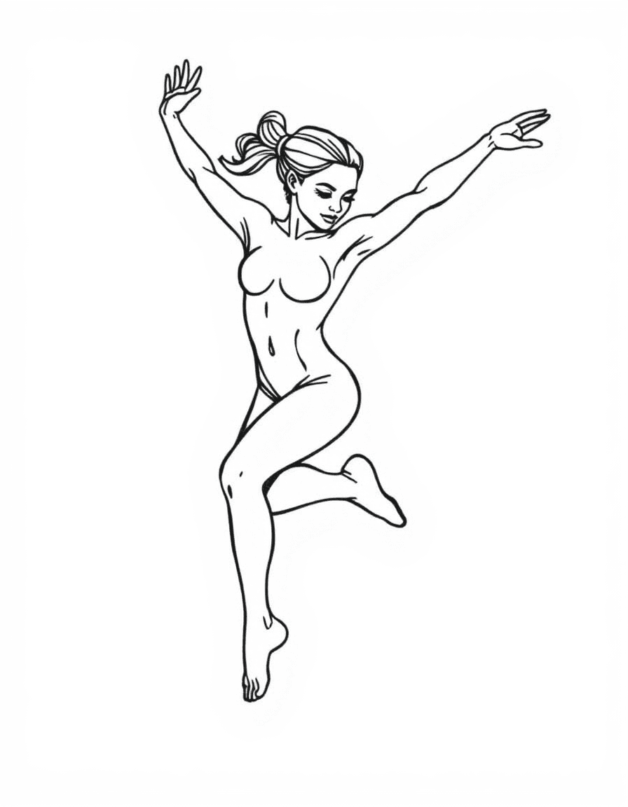 Coloriage Danseuse moderne - Danseuse contemporaine sautant pieds nus dans les airs avec des lignes de bras fluides et asymétriques, contours nets.