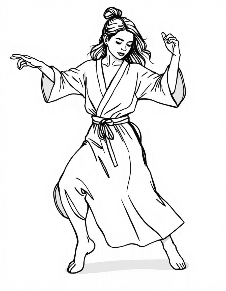 Coloriage Danseuse moderne - Danseuse moderne au sol effectuant une contraction expressive en tunique fluide et légère, dessin clair.