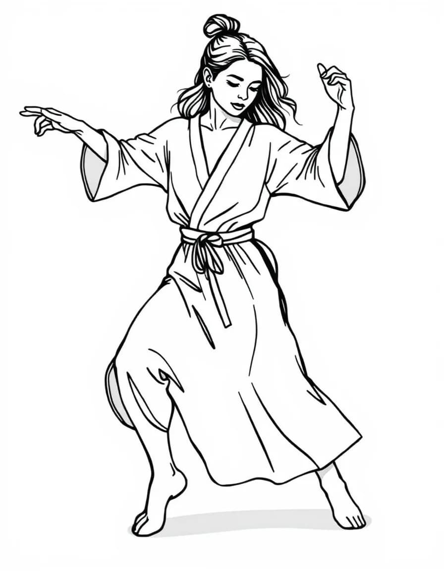 Coloriage Danseuse moderne - Danseuse moderne au sol effectuant une contraction expressive en tunique fluide et légère, dessin clair.