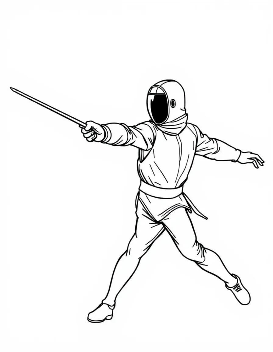 Coloriage Escrime - Escrimeur réalisant une fente vive vers l'avant le bras armé tendu vers le buste de son rival, dessin clair.