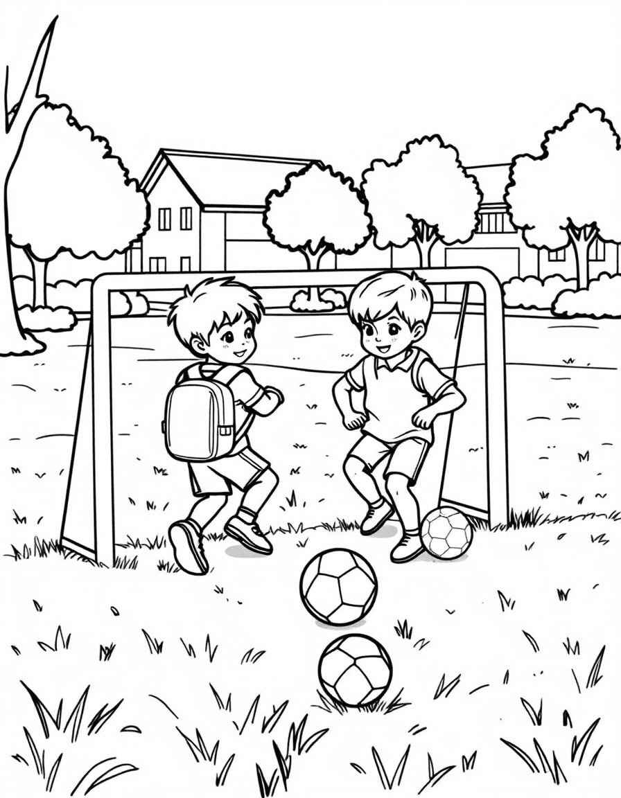 Coloriage Foot - Enfants du quartier jouant au foot sur l'herbe d'un parc avec des cartables d'école en guise de poteaux de but, contours nets.