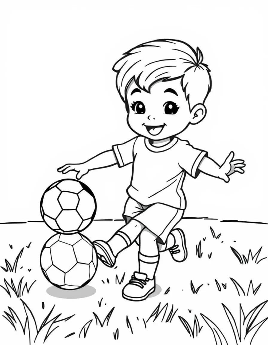 Coloriage Foot - Enfant joyeux frappant dans un beau ballon de foot rond aux motifs classiques sur la pelouse, dessin simple.