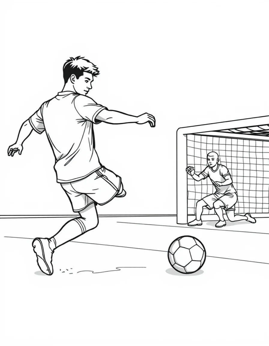 Coloriage Football - Attaquant concentré s'élançant pour tirer un penalty décisif face au gardien attentif sur sa ligne, dessin clair.