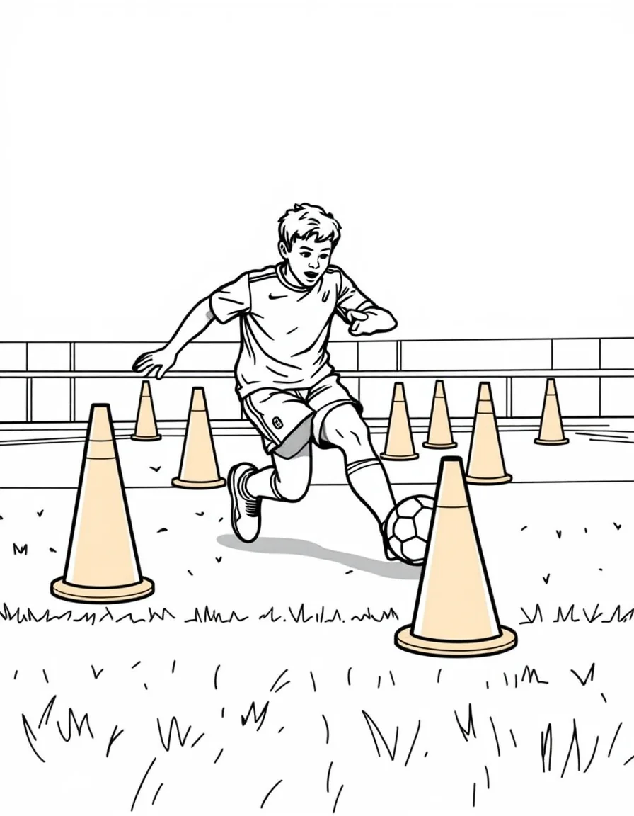Coloriage Footballeur - Footballeur slaloman agilement avec le ballon entre des plots d'entraînement sur le terrain, dessin clair.