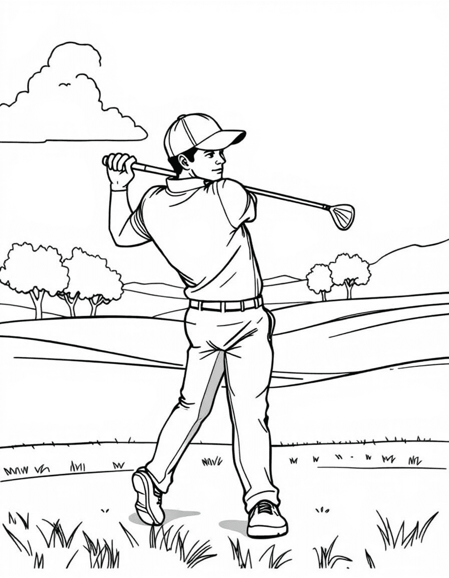 Coloriage Golf - Golfeur exécutant un puissant swing au driver depuis le tee de départ sur un parcours verdoyant, contours nets.