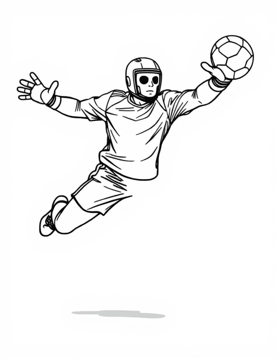 Coloriage Handball - Gardien de handball effectuant une parade acrobatique bras et jambes écartés pour stopper le ballon, dessin net.