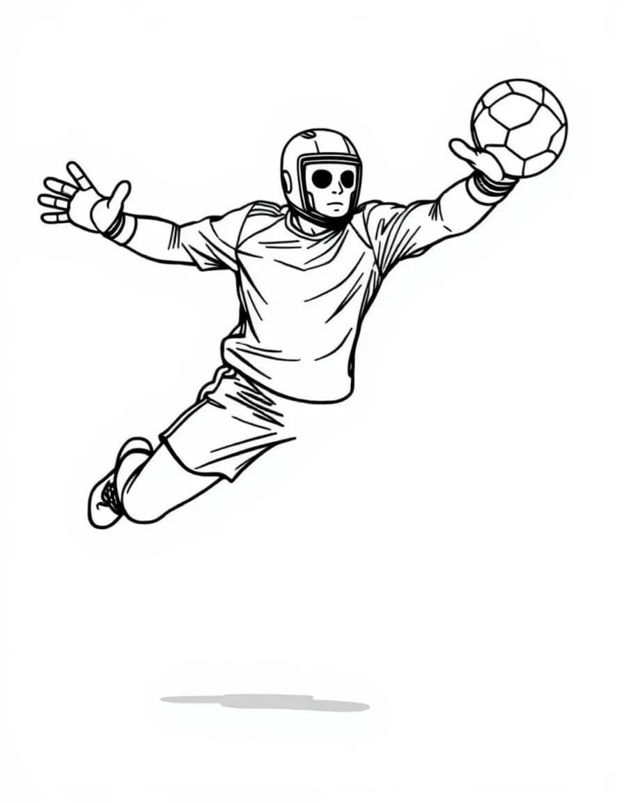 Coloriage Handball - Gardien de handball effectuant une parade acrobatique bras et jambes écartés pour stopper le ballon, dessin net.
