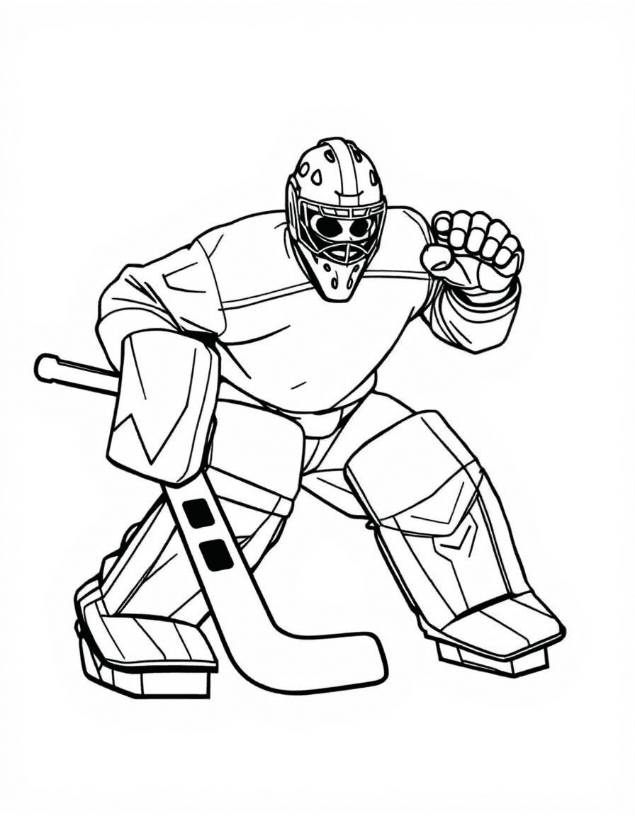 Coloriage Hockey - Gardien de hockey avec jambières et masque peint plongeant en position papillon pour bloquer le tir, dessin clair.