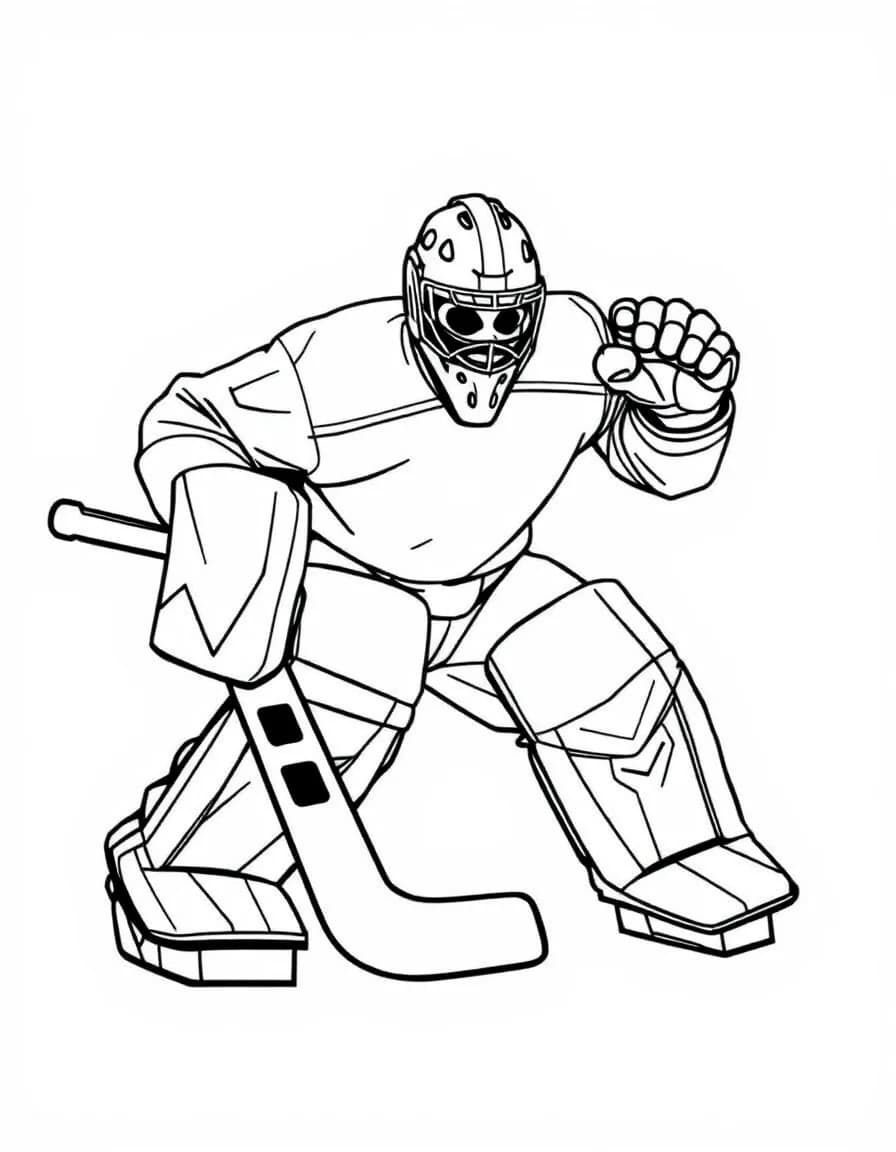 Coloriage Hockey - Gardien de hockey avec jambières et masque peint plongeant en position papillon pour bloquer le tir, dessin clair.