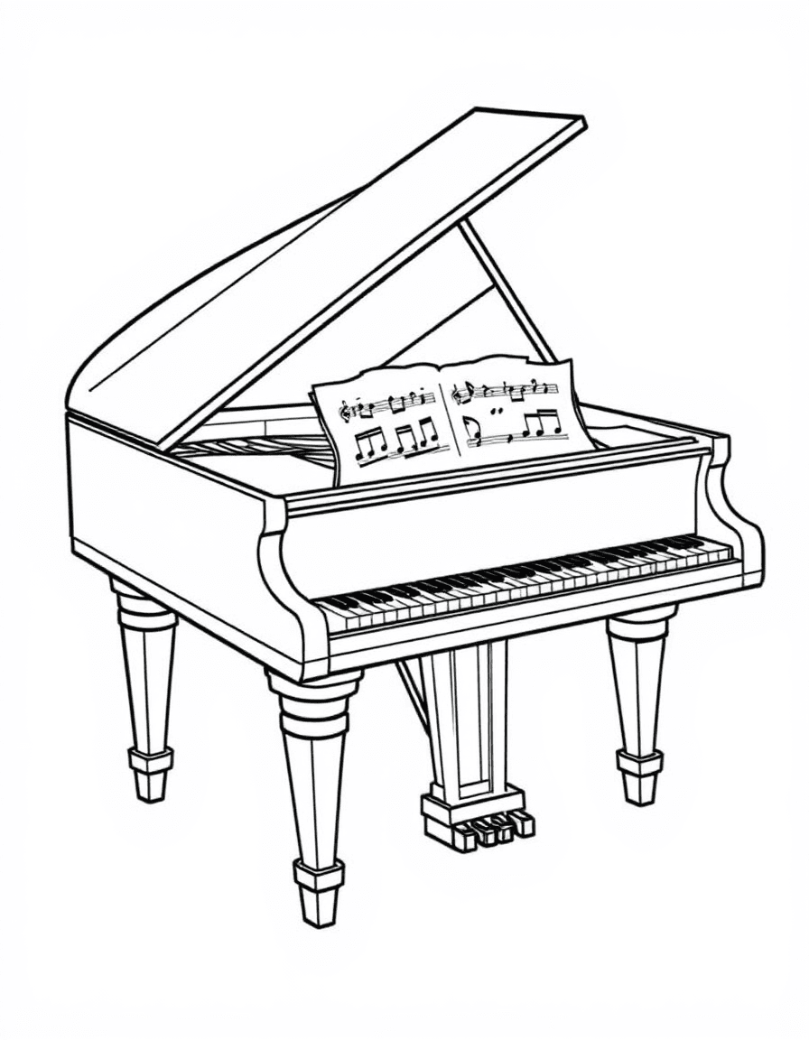 Coloriage Instruments de musique - Piano à queue majestueux avec couvercle ouvert laissant voir les cordes, les touches et une partition, contours nets.