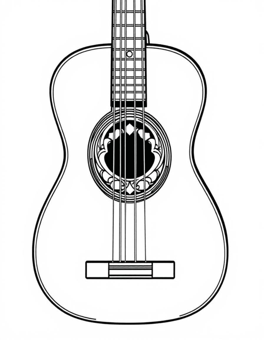 Coloriage Instruments de musique - Guitare acoustique classique avec rosace décorative, cordes bien définies et mécaniques d'accordage, dessin clair.