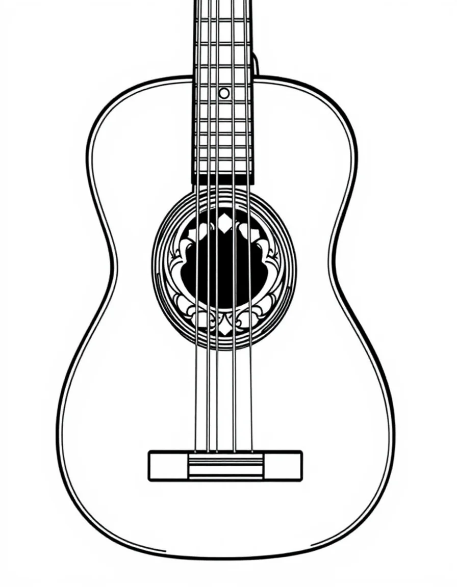 Coloriage Instruments de musique - Guitare acoustique classique avec rosace décorative, cordes bien définies et mécaniques d'accordage, dessin clair.
