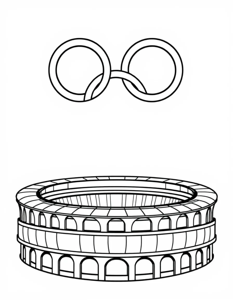 Coloriage Jeux Olympiques - Les cinq anneaux olympiques entrelacés surplombant majestueusement le stade olympique, dessin clair.
