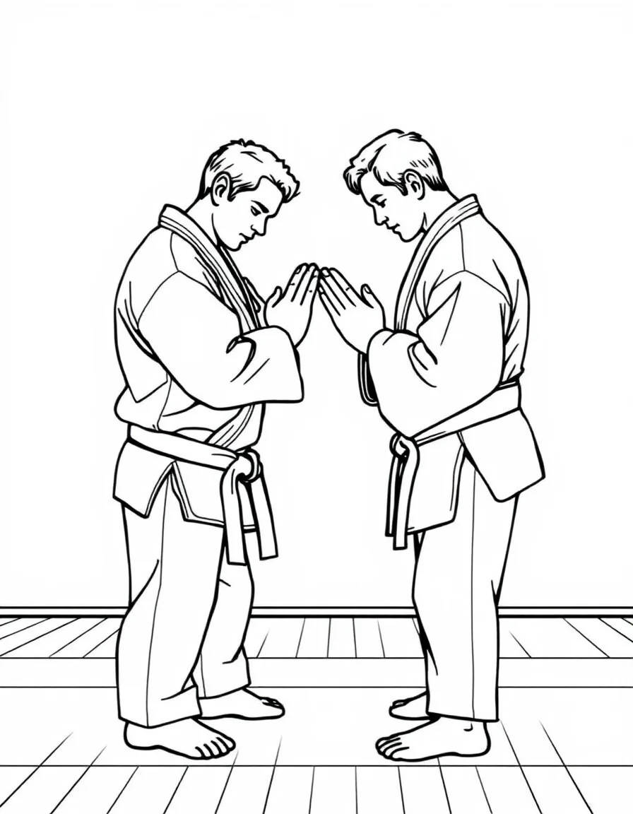 Coloriage Judo - Deux judokas en judogi blanc se saluant avec respect (rei) au bord du tatami avant le combat, dessin clair.