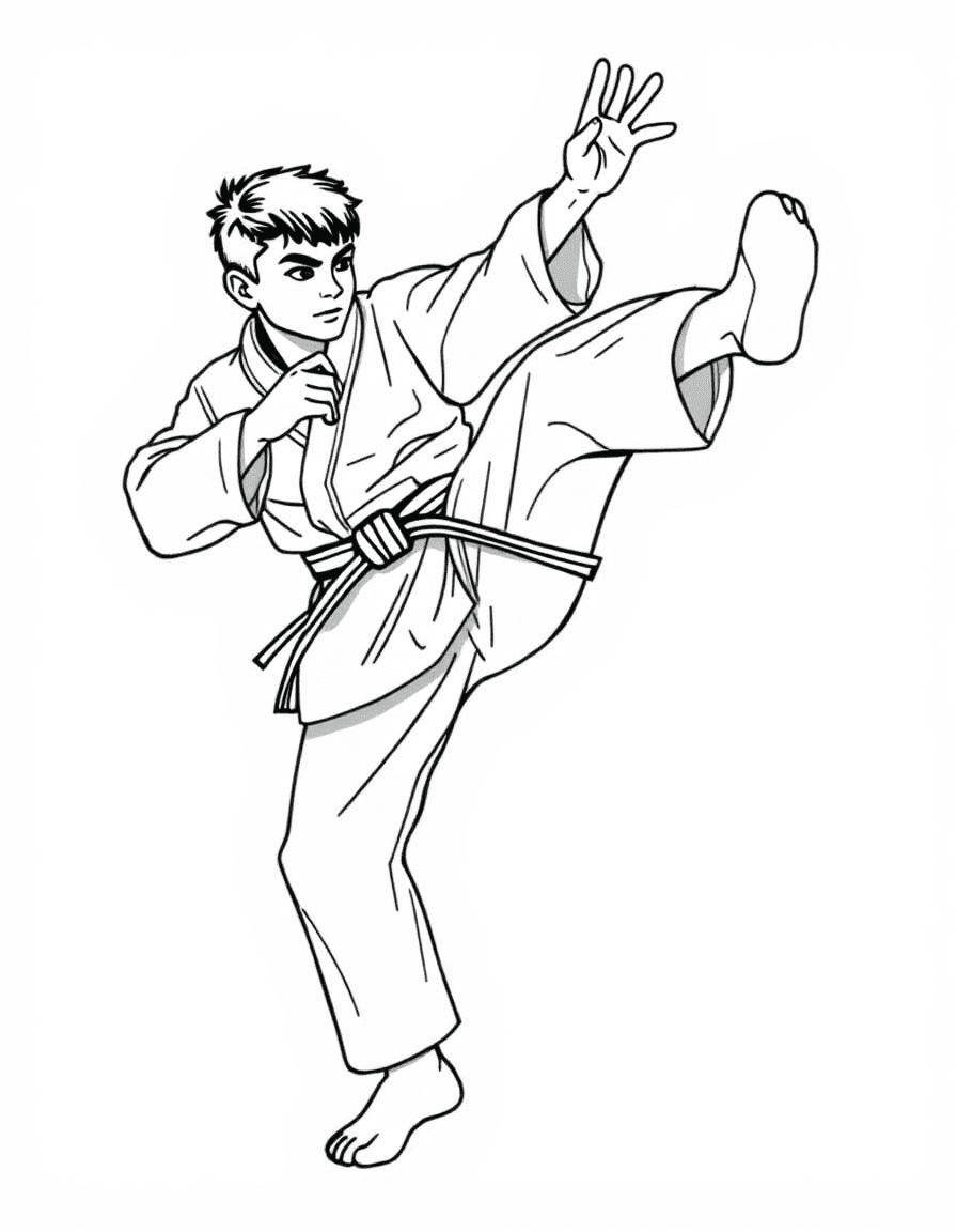 Coloriage Karaté - Karatéka exécutant un coup de pied circulaire haut (mawashi geri) avec précision en kimono blanc, contours nets.