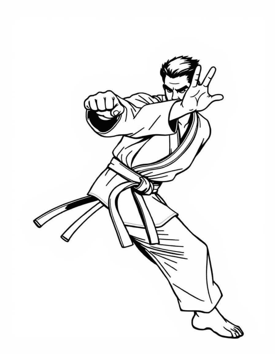 Coloriage Karaté - Pratiquant de karaté assénant un coup de poing direct (gyaku zuki) en posture avant solide (zenkutsu dachi), dessin clair.