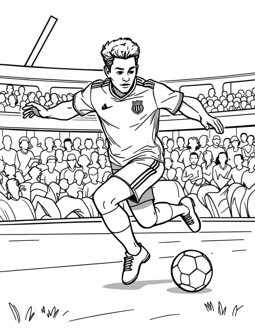 Coloriage Lamine Yamal - Lamine Yamal débordant sur l'aile droite et repiquant dans l'axe avec ses dribbles vifs du pied gauche, dessin clair.