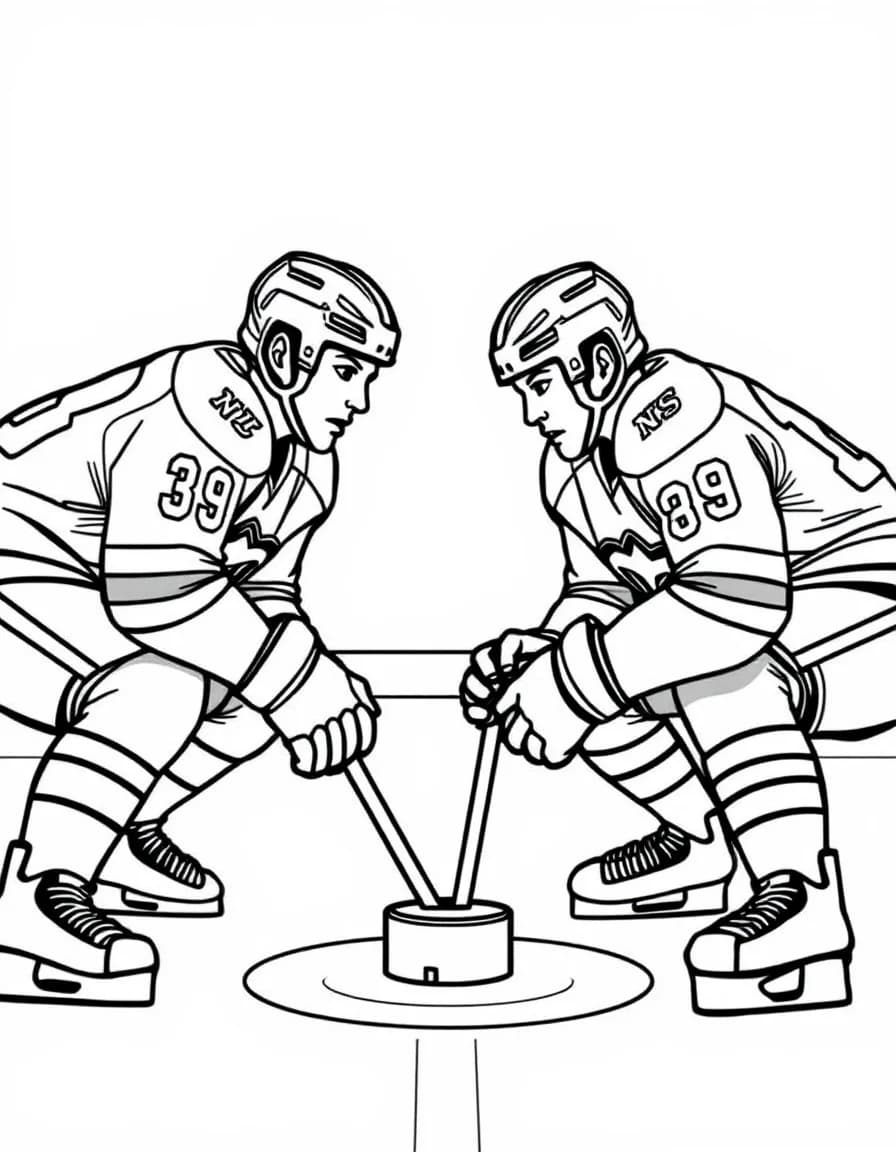 Coloriage Lnh - Deux joueurs de centre de la LNH prêts pour la mise en jeu au point central de la patinoire, dessin clair.