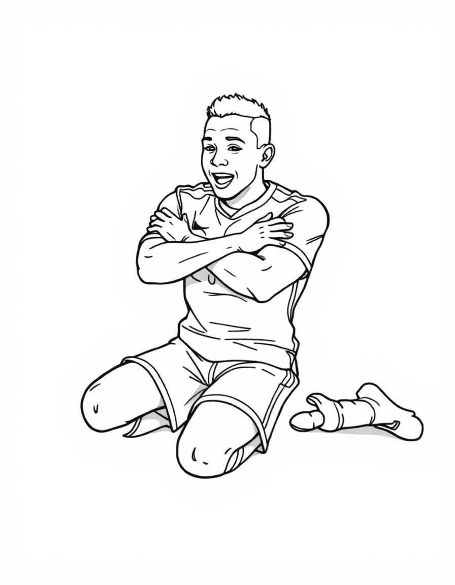 Coloriage Mbappé - Kylian Mbappé réalisant sa célèbre célébration glissée sur les genoux les bras croisés sous les aisselles, contours nets.