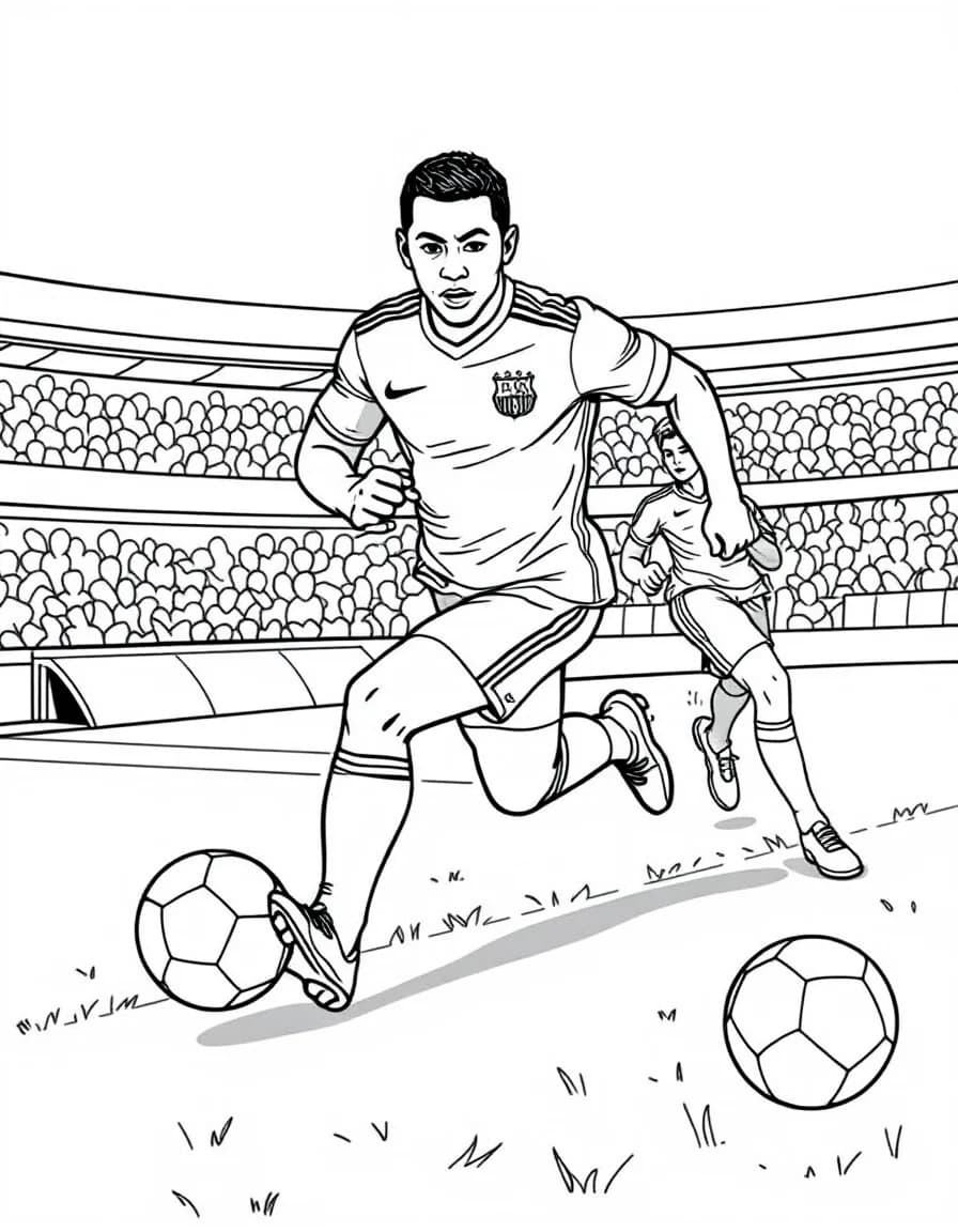 Coloriage Mbappé - Mbappé accélérant à une vitesse fulgurante sur l'aile en distançant les défenseurs balle au pied, dessin clair.