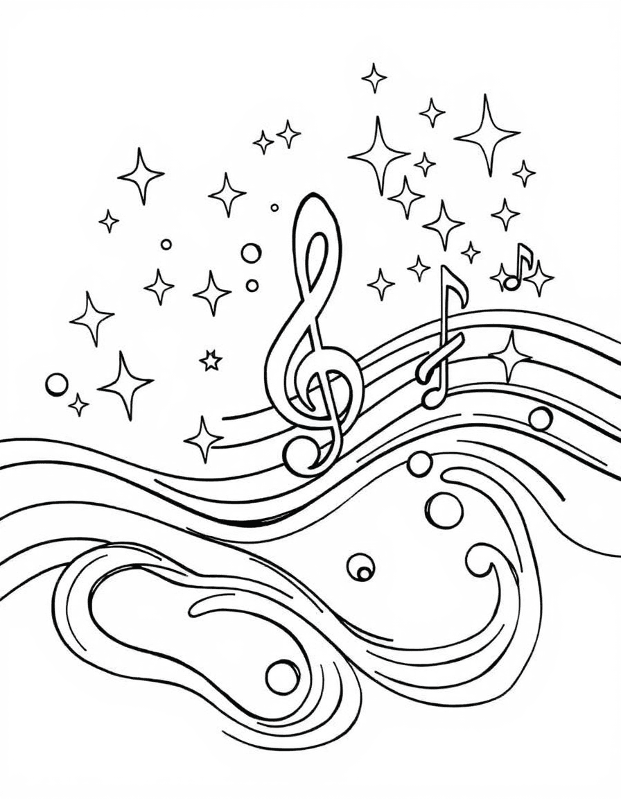 Coloriage Musique - Portée musicale ondulante et magique avec clé de sol, croches, doubles croches et étoiles féeriques, contours nets.