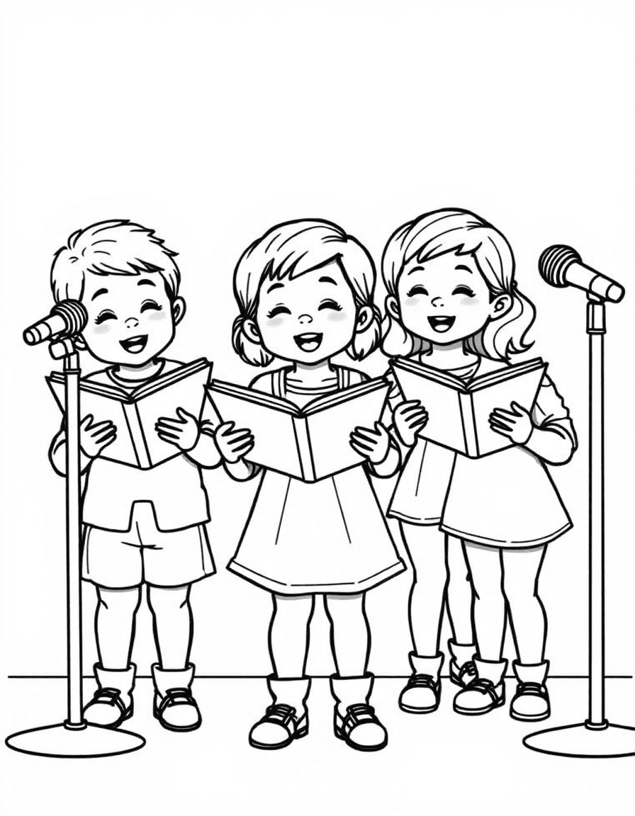 Coloriage Musique - Chorale d'enfants souriants chantant ensemble partition en main devant des micros sur pied, dessin clair.
