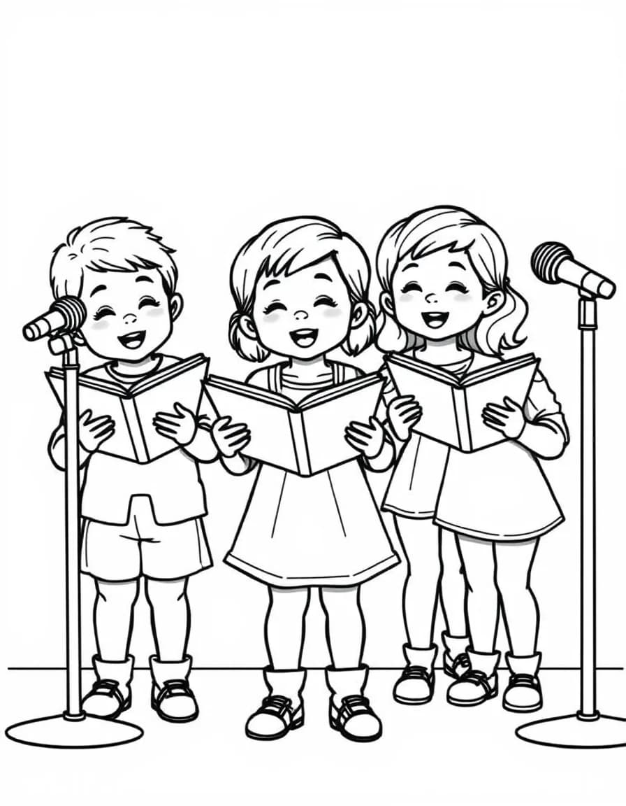 Coloriage Musique - Chorale d'enfants souriants chantant ensemble partition en main devant des micros sur pied, dessin clair.
