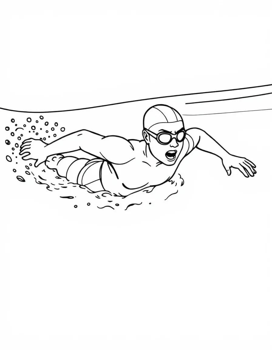 Coloriage Natation - Nageur fendant l'eau en crawl avec une puissante traction de bras et respiration sur le côté, dessin clair.